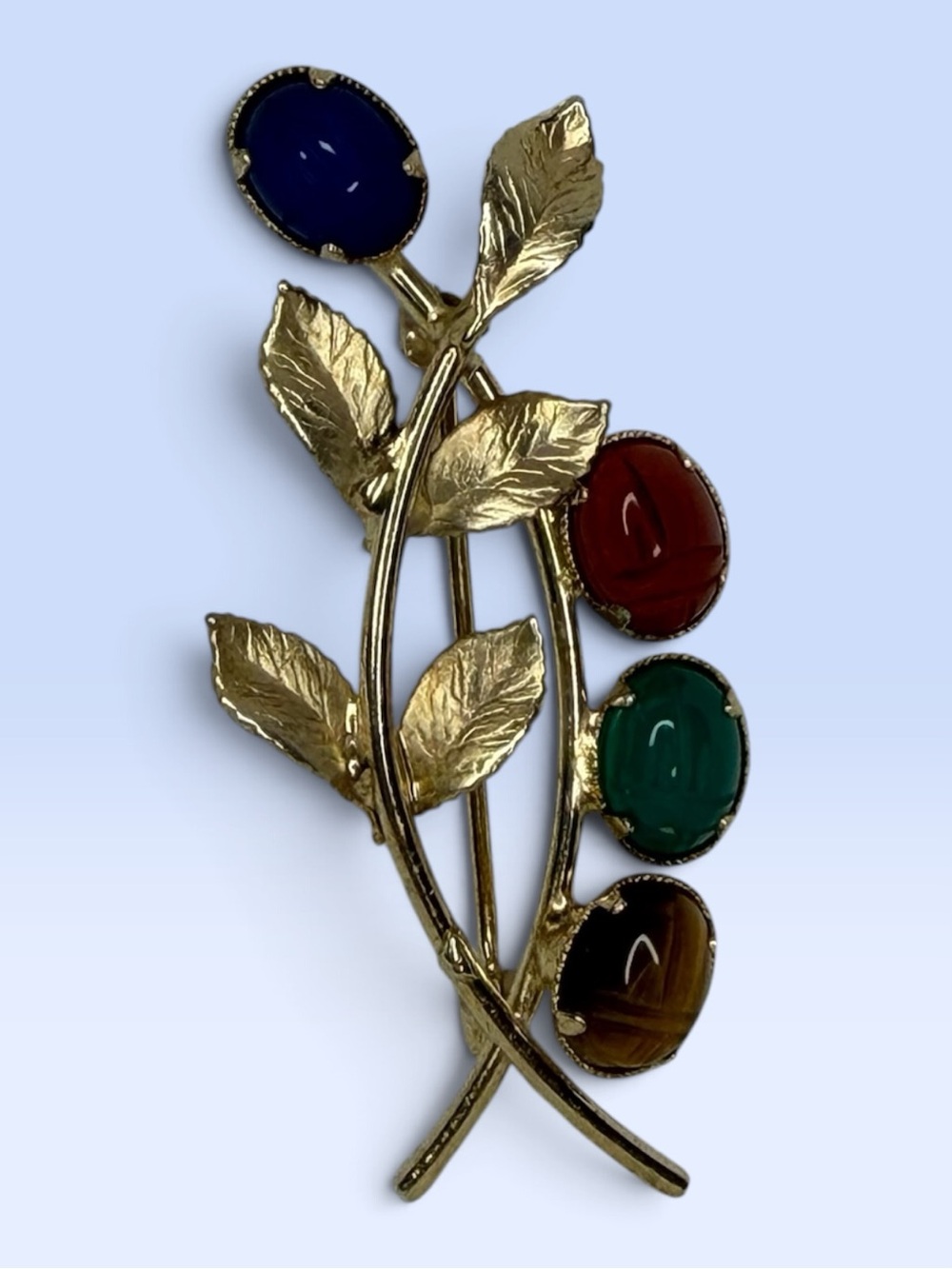 Vintage Egyptian Revival Multi Color Gemstone Scarab Beetle Branch Brooch Pin